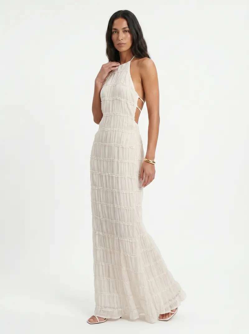 Damen Maxikleid Mit Volants Und Neckholder