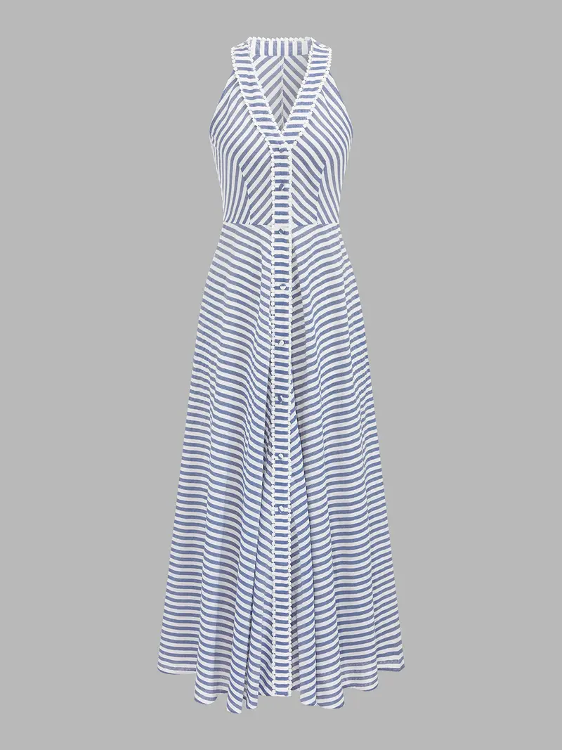 Damen Midikleid Gestreift Mit Neckholder Und V Ausschnitt