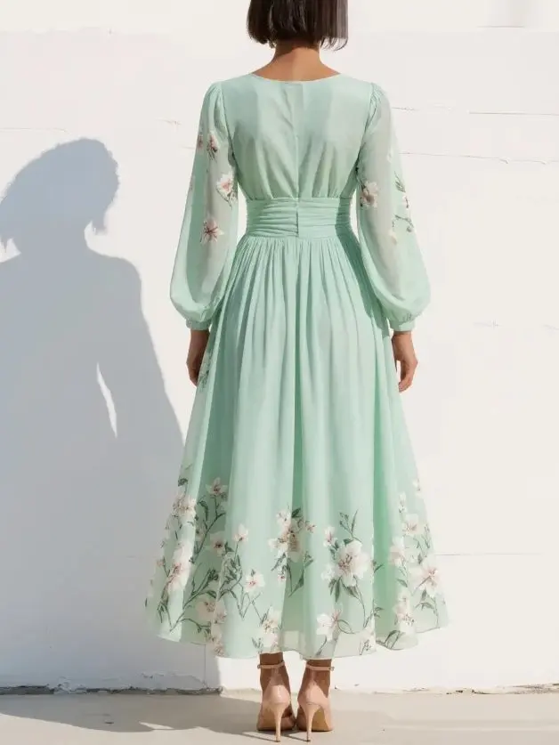 Damen Midikleid Mit Blumenmuster Und V Ausschnitt Grün