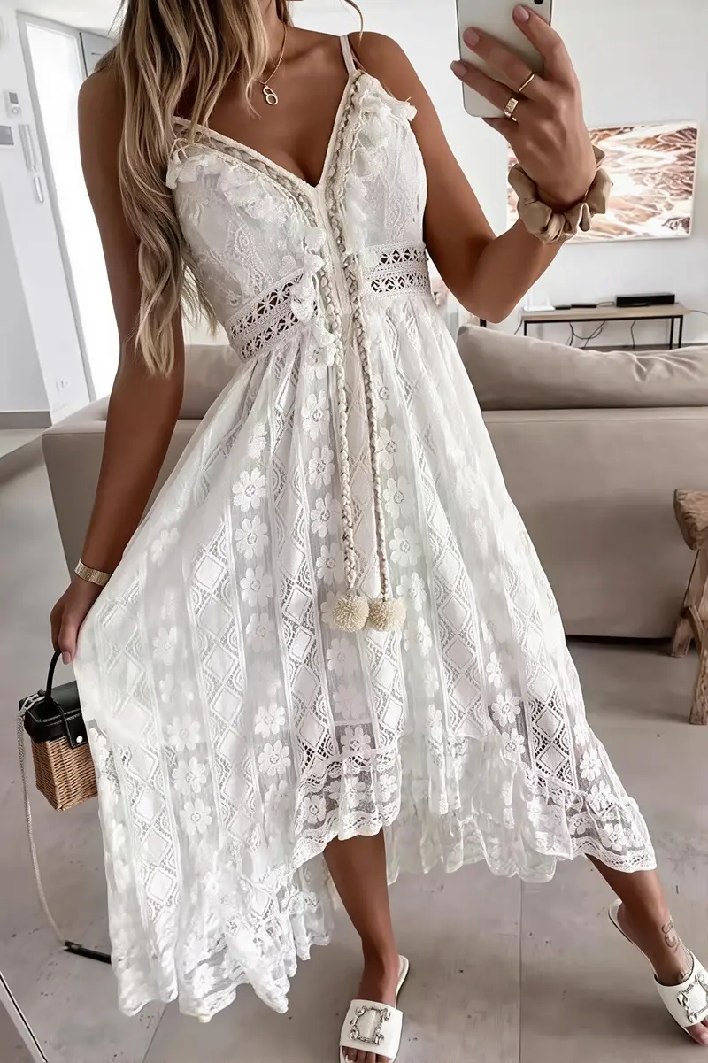 Damen Midikleid Mit Spitze Und Hoher Taille
