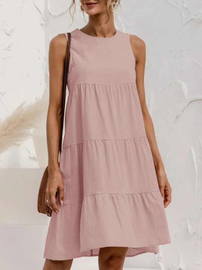 Damen Minikleid A Linie Mit Falten Und Rundhalsausschnitt