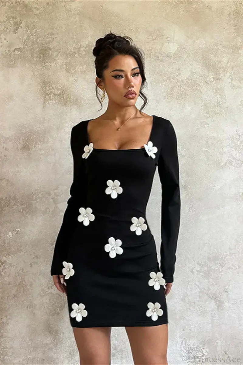 Damen Minikleid Mit Blumenmuster Und Langarm