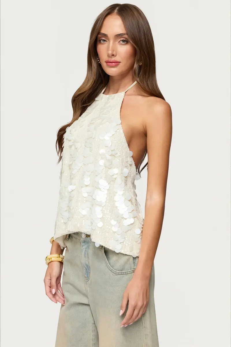 Damen Neckholder Paillettentop Rückenfrei
