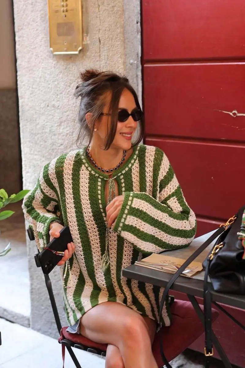 Damen Pullover Mit Streifen Und Bindedetail Grün Weiß