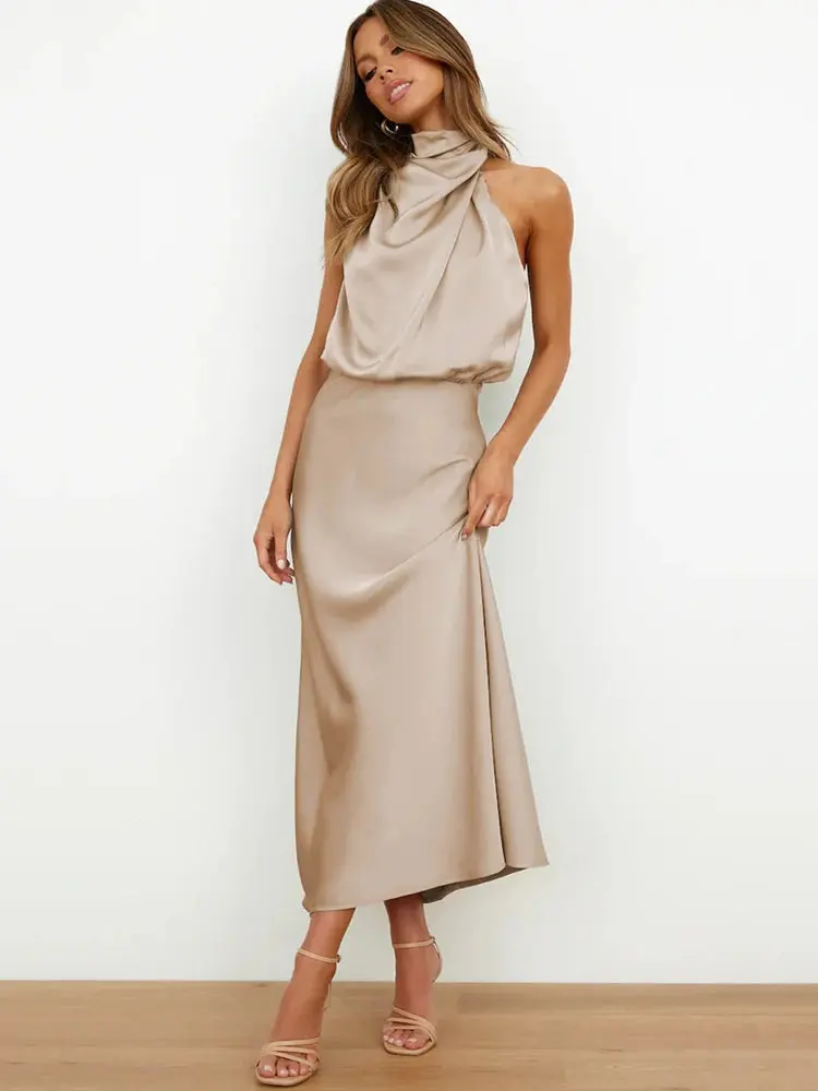 Damen Satin Asymmetrisch Geschnittenes Midi-Kleid