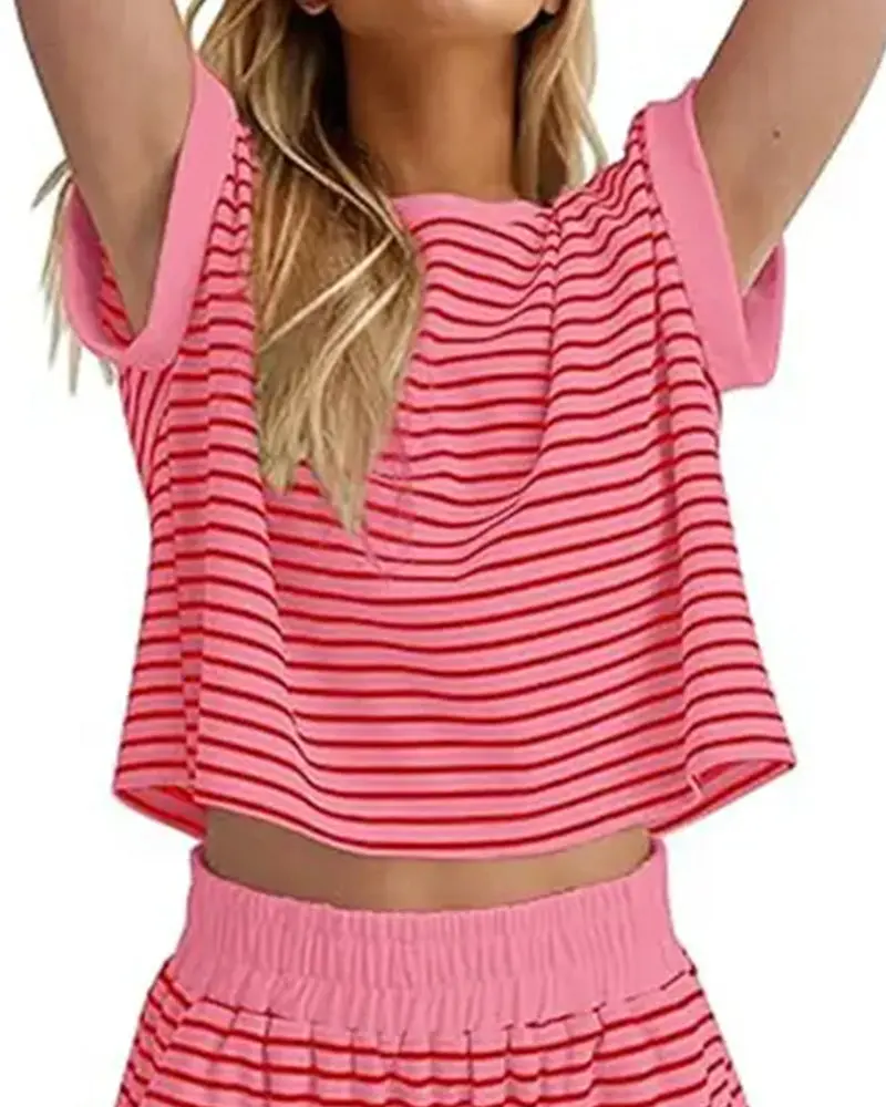 Damen Shorts Set Gestreift Mit T-Shirt Casual Fit