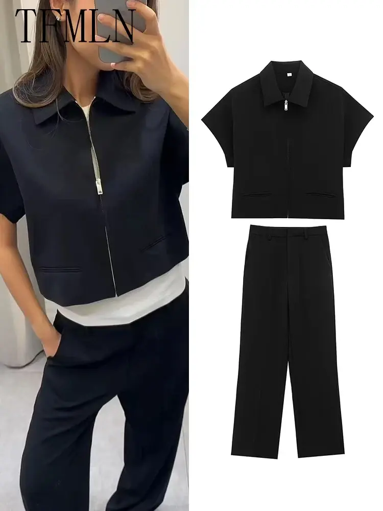Damen Slim Revers Reißverschluss Kurzarm Mantel Oberteil Weite Bein Hose Set Schwarz