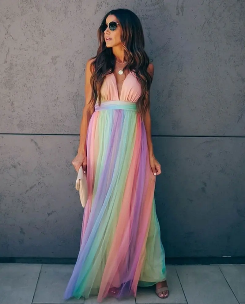 Damen Spaghettiträger Kleid Mit Regenbogen Print Mehrfarbig