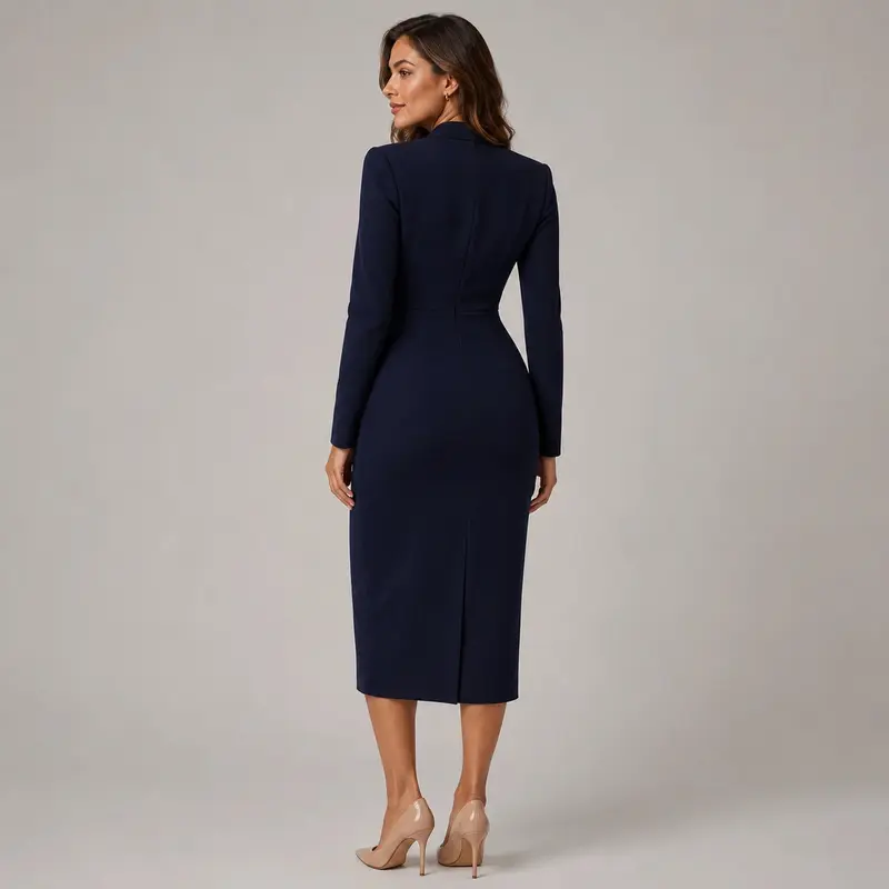 Damen V-Ausschnitt Langarm Wickel-Midikleid Maßgeschneidert Formal