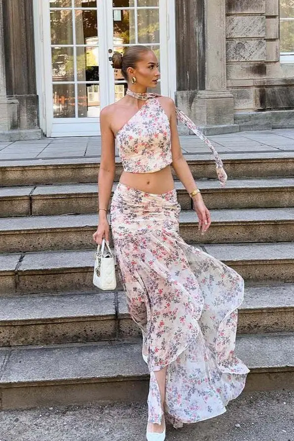 Damen Zweiteiler Mit Blumenprint Und One Shoulder Rosa