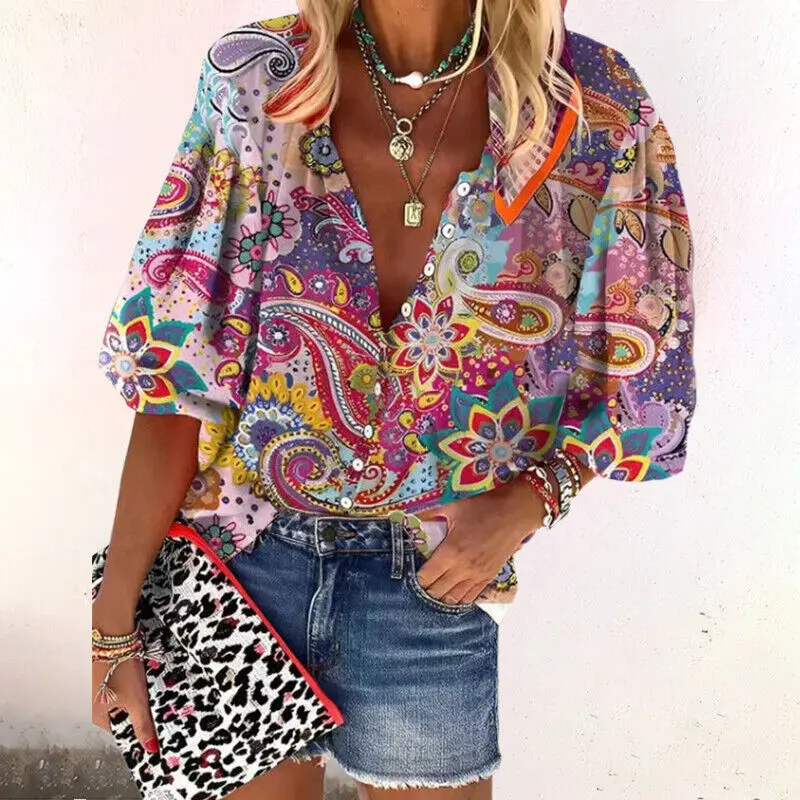 Damenbluse Mit Blumenprint Und Knopfleiste