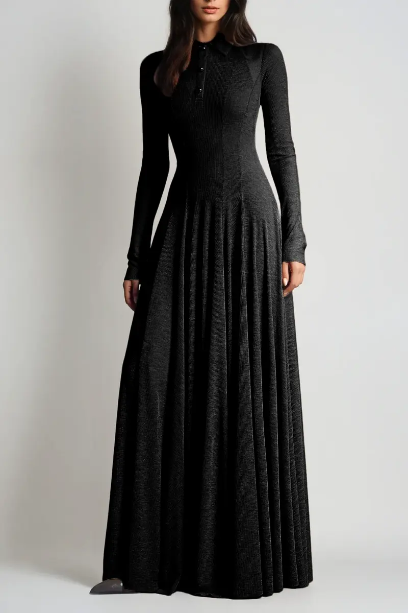 Dany Long Sleeve Ruffle Knit Maxi Dress In Black