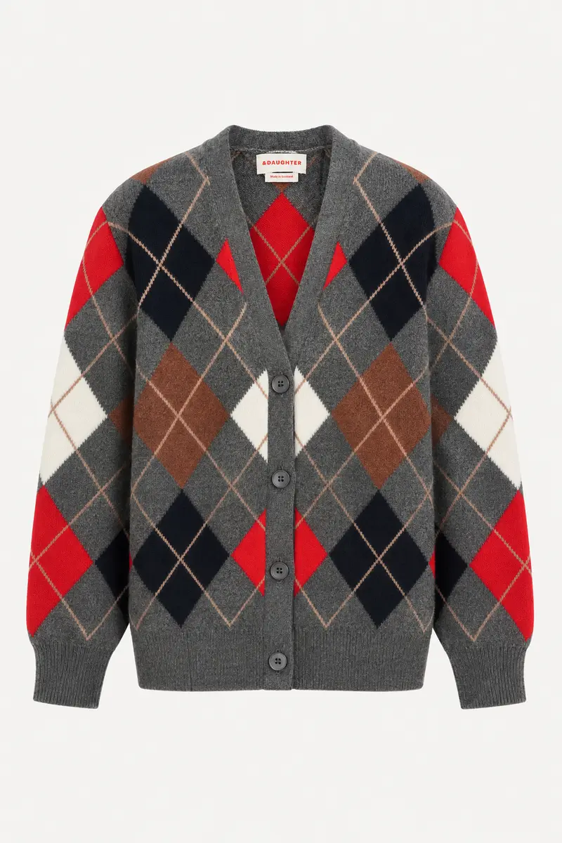 &Daughter - Vest - Ava Argyle Cardigan - Derby Grey With Red & White