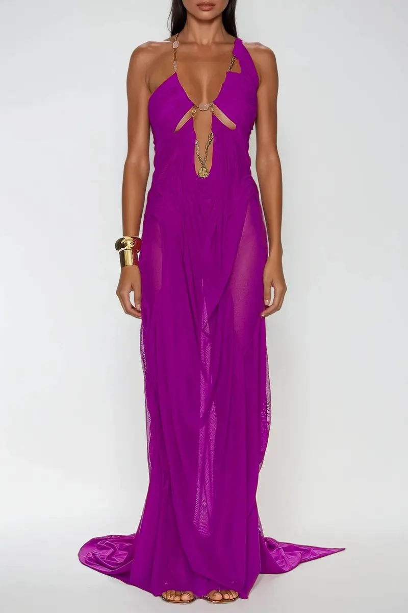 Davis Plunge Chain Asymmetric Maxi Dress In Hot Pink