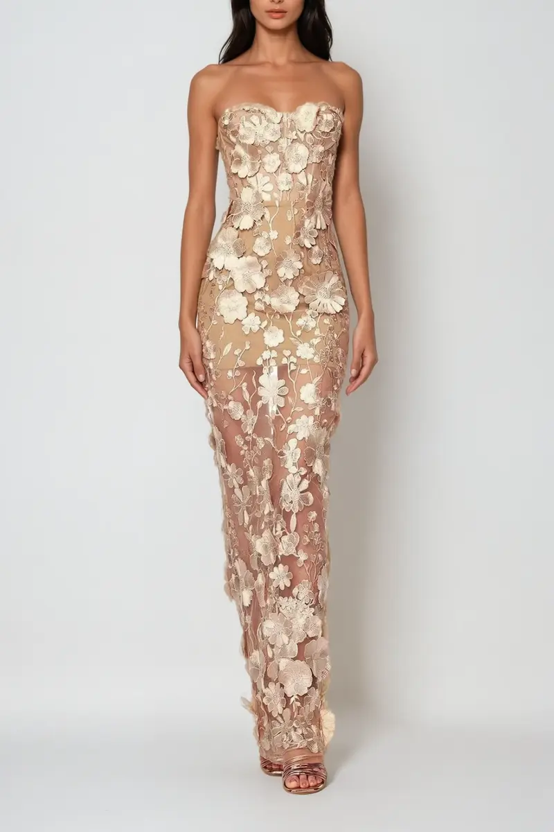 Denica Strapless Flower Maxi Dress