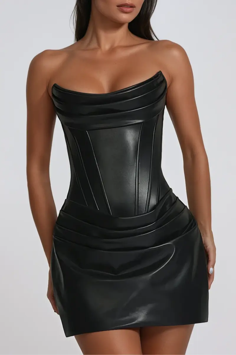 Devontae Corset Ruch Leather Mini Dress In Black