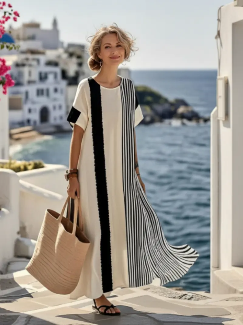 Elara | Round Neck Short Sleeve Striped Maxi Dress