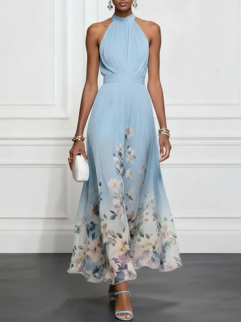 Elarose™ | Floral Chiffon Halter Sleeveless Maxi Dress