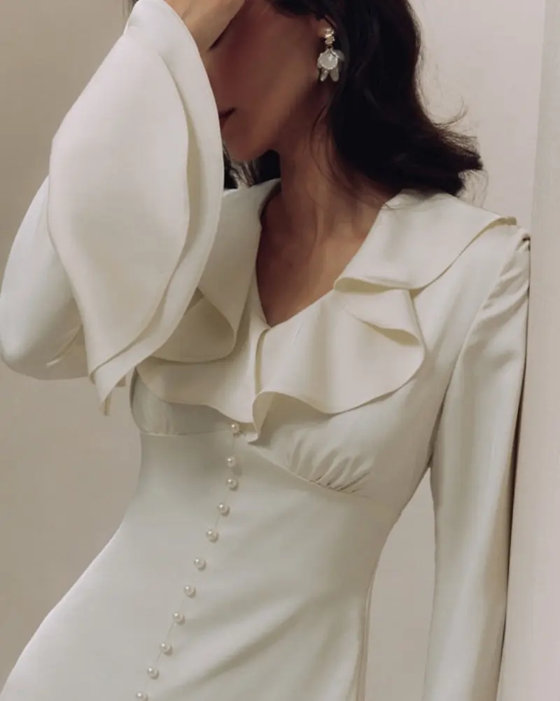 Elena | Pearl Button Ruffle Midi Dress