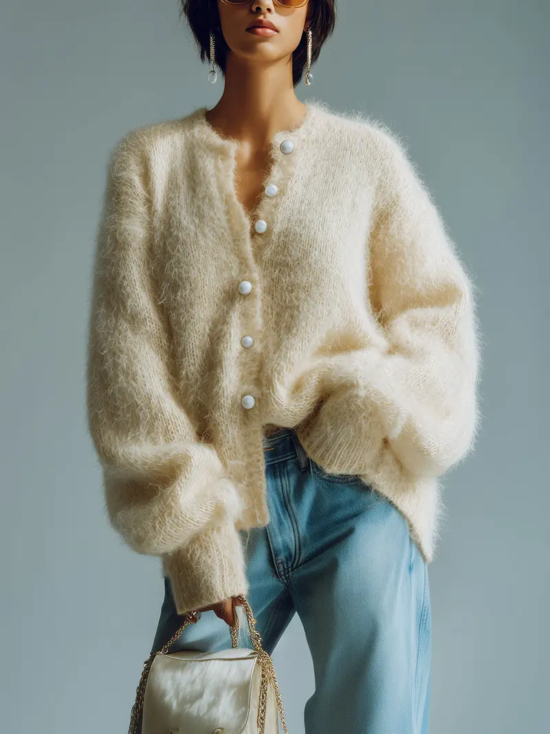 ElevenOra Chic Vintage Apricot Round Neck Single-Breasted Long-Sleeve Pearl Button Details Oversize Fuzzy Knit Cardigan