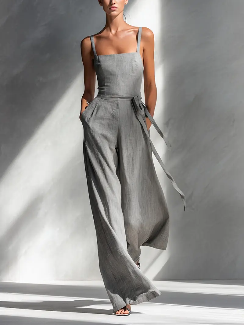 Eloria™ | Minimalist Linen Blend Grey Jumpsuit