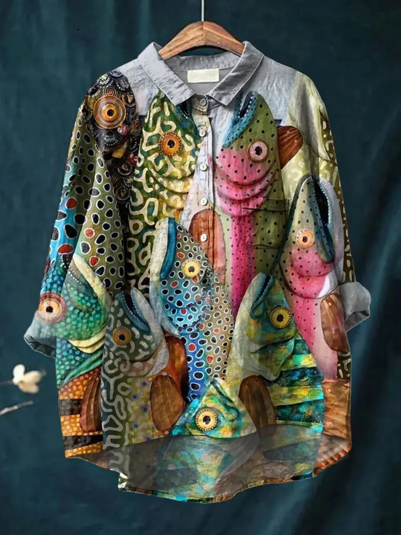 Esme™ | Vintage Funny Fish Art Print Casual Shirt