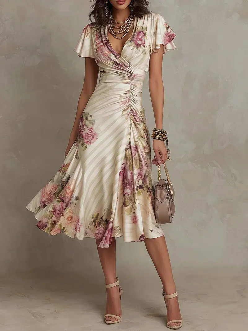 Esmira™ | Elegant vintage floral satin midi dress