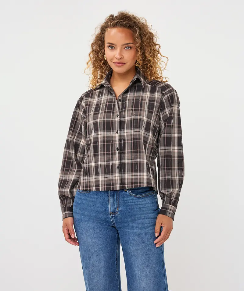 Esqualo bruin ruiten Blouse met strass model short check F26.28513