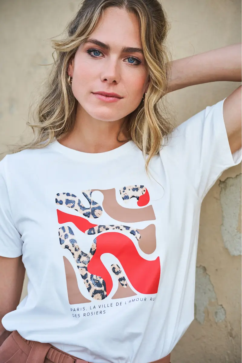Esqualo T-shirt Offwhite met rode en panter opdruk model Paris offwhite red SP26.05014