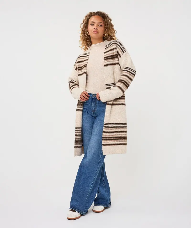 Esqualo vest beige met bruine strepen model Cardigan horizontal striped Biscuit melange