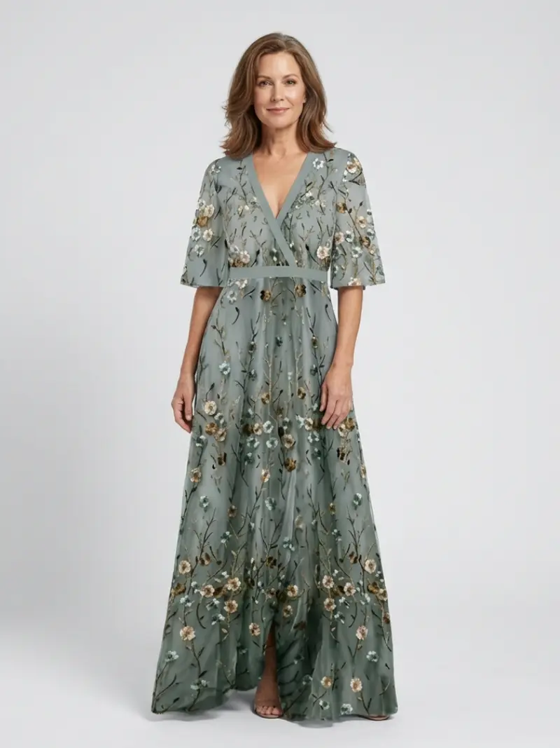 Evadne | Floral V Neck Short Sleeve Maxi Dress