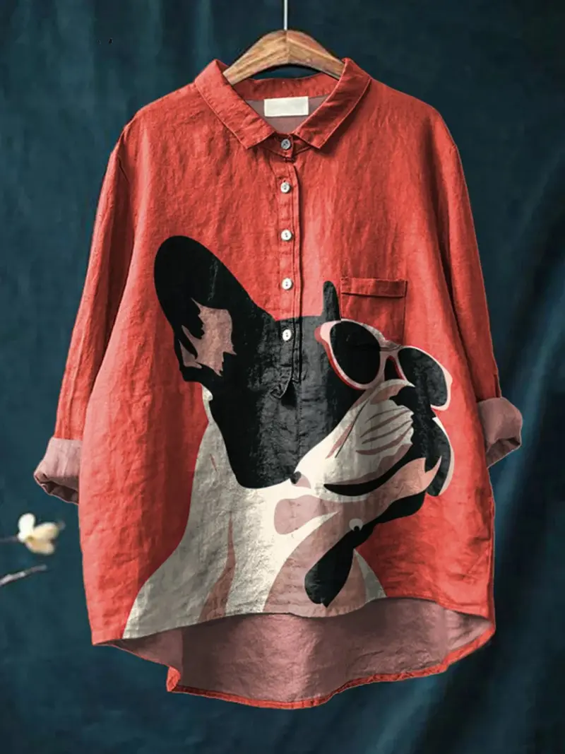Evie™ | Decorative Pattern of French Bulldog Wearing Sunglasses On Red Background Casual Shirt