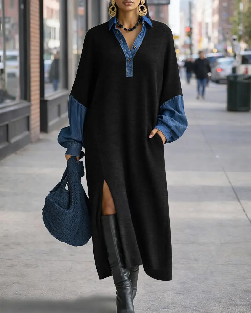 Fancy | Stylowa damska sukienka maxi z denimu w patchworku