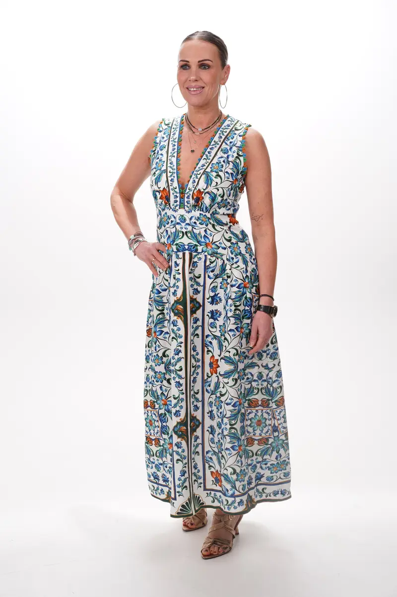 FARM RIO Dress Flora tile off-white midi