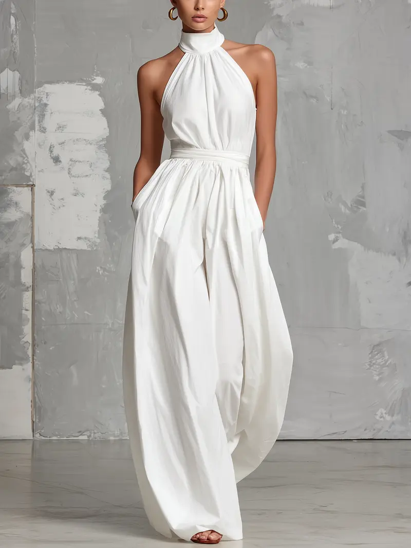 Faye™ | White Woven Halter-Neck Jumpsuit