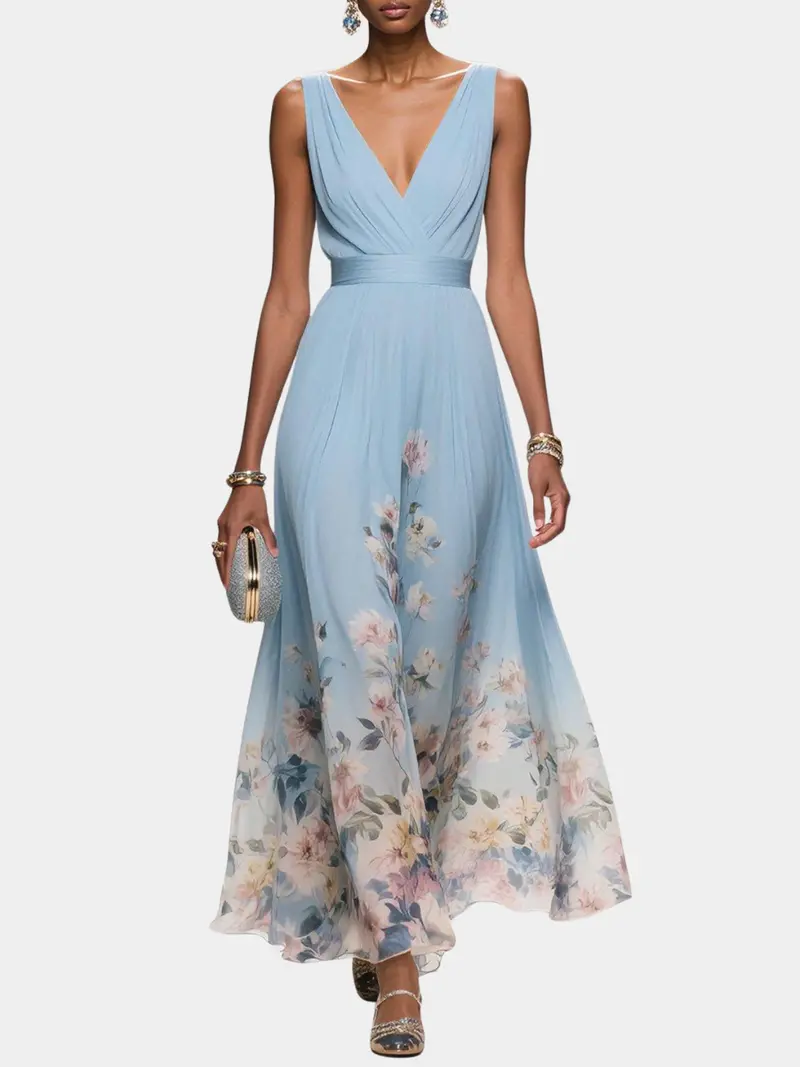 FLORAL V NECK MIDI DRESS FOR WOMEN