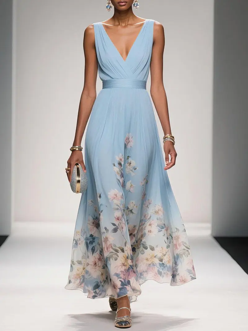 Florielle™ | Floral Chiffon V Neck Sleeveless Maxi Dress