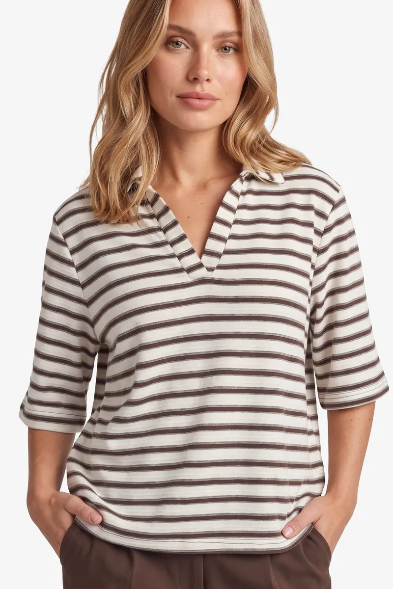 Fluresk shirt polo strepen beige en bruin model Clyde top dark chocolate