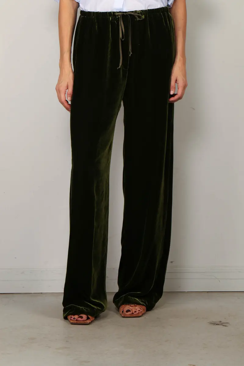 Forte_Forte - Broek - Viscose/Silk Velvet Drawstring Stright Pants - Woods