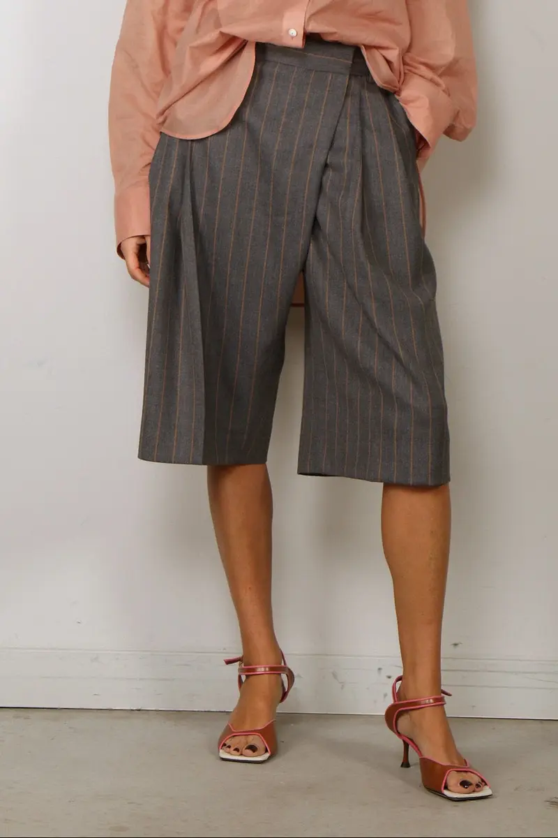 Ganni - Short - Wool Stripe Wrap Shorts - Pewter Melange