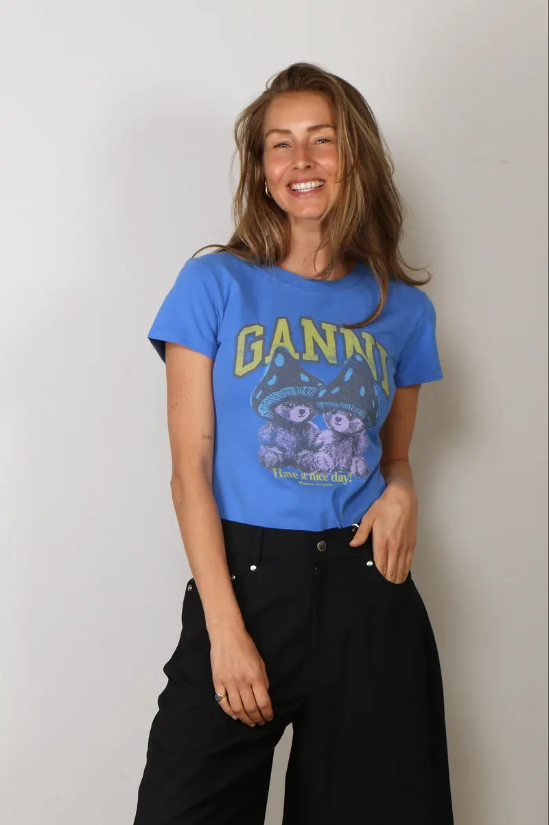 Ganni - T-Shirt - Future Heavy Jersey Baby Fit Teddy Mushroom - Strong Blue