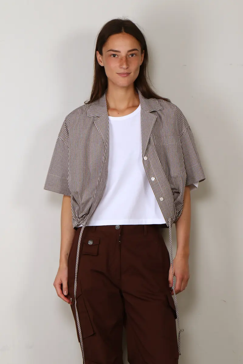 Ganni - Top - Check Cotton Cropped Bowling Shirt - Chicory Coffee
