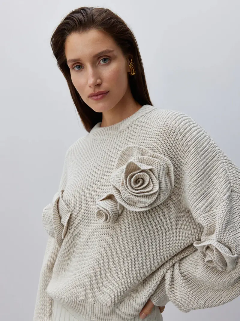 Gemütlicher 3D-Rosen-Strickpullover mit lockerer Passform
