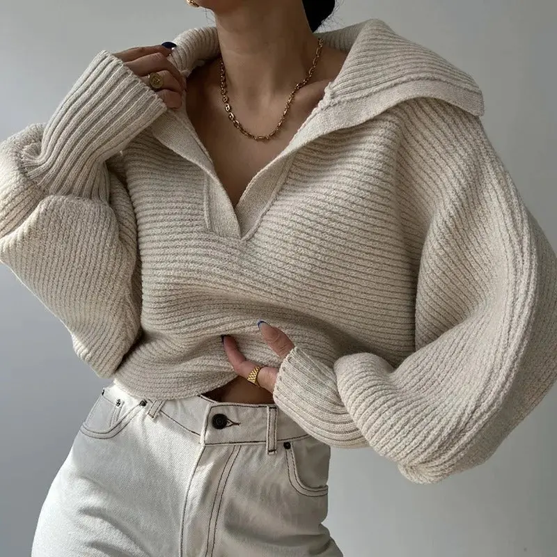 Gemütlicher Strickpullover mit Laternenärmeln und offenem Kragen