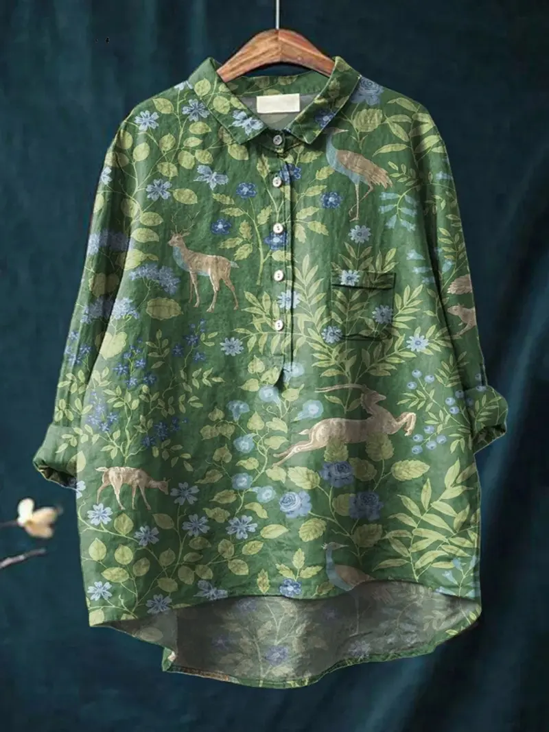 Georgia™ | Women's Vintage Floral Animals Art Print Casual Shirt