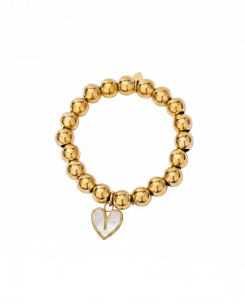 Gouden Kralen Armband met Hart Bedel & Schelp – Stainless Steel