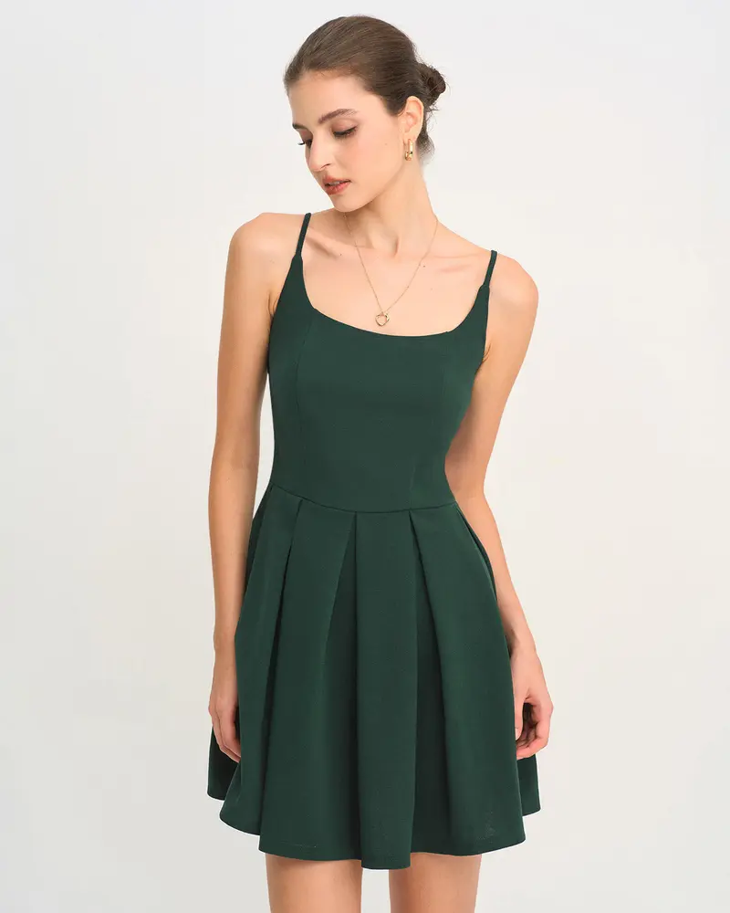 Green A-Line Pleated Slip Mini Dress