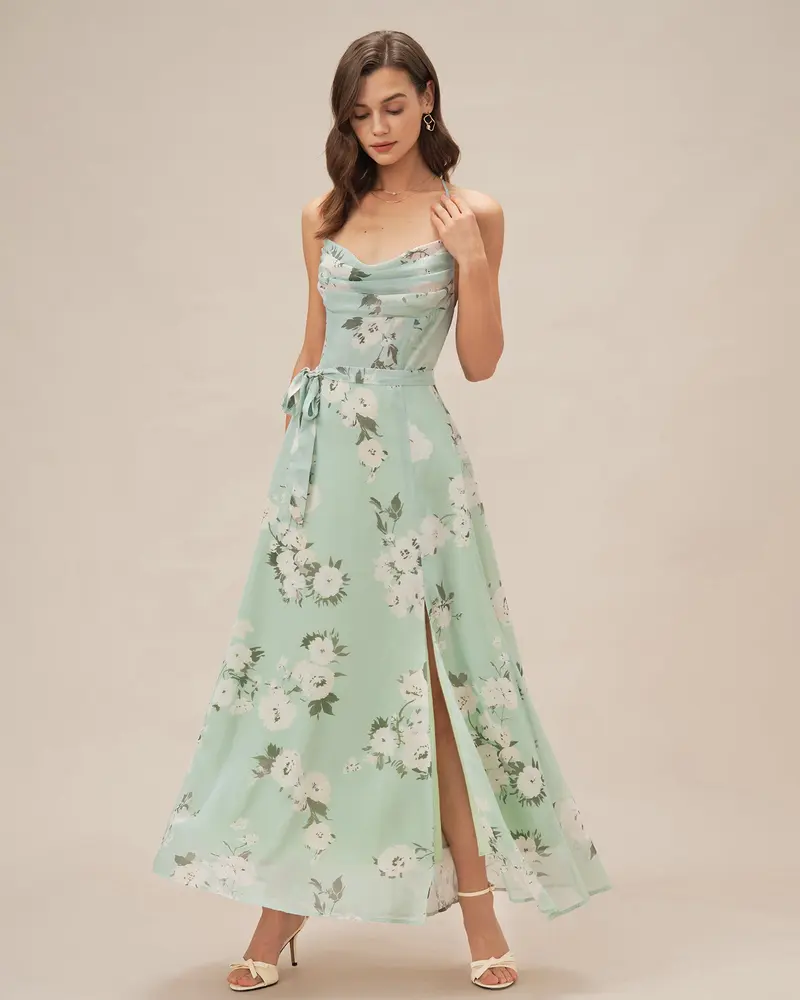 Green Cowl Neck Floral Maxi Dress