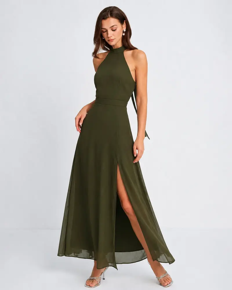 Green Mock Neck Slit Chiffon Maxi Dress