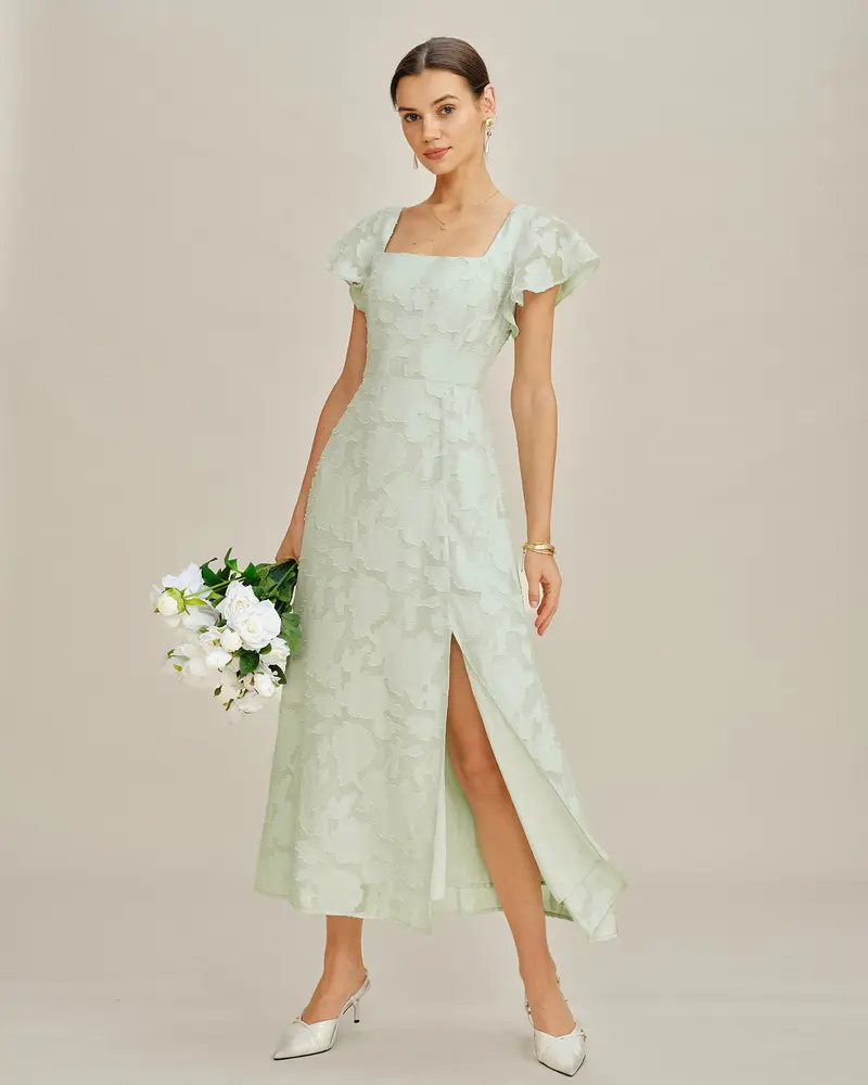 Green Square Neck Floral Textured Midi Dress